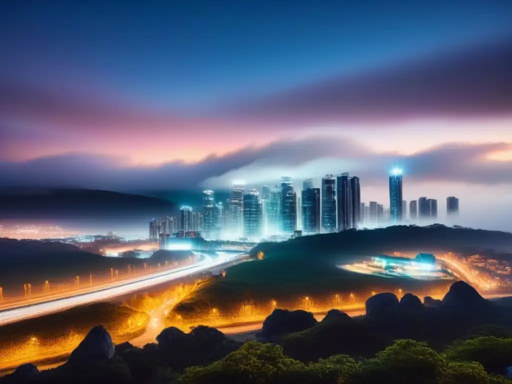 Metrópolis futurista: luces y tecnología en la noche Vista nocturna de una ciudad futurista con rascacielos iluminados y tecnología avanzada