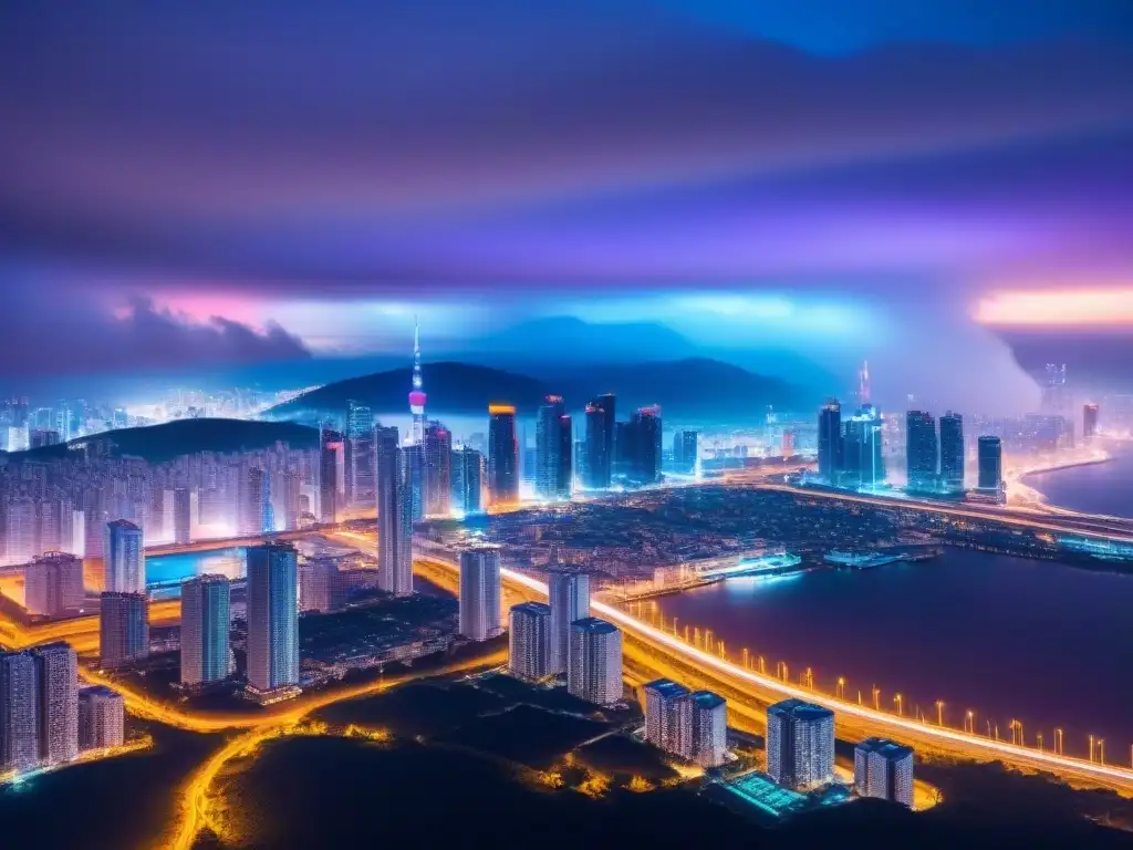 Cityscape futurista con luces neón y blockchain en edificios Vista nocturna de ciudad futurista con luces neón y patrones de blockchain, integrando Blockchain en financiamiento inmobiliario