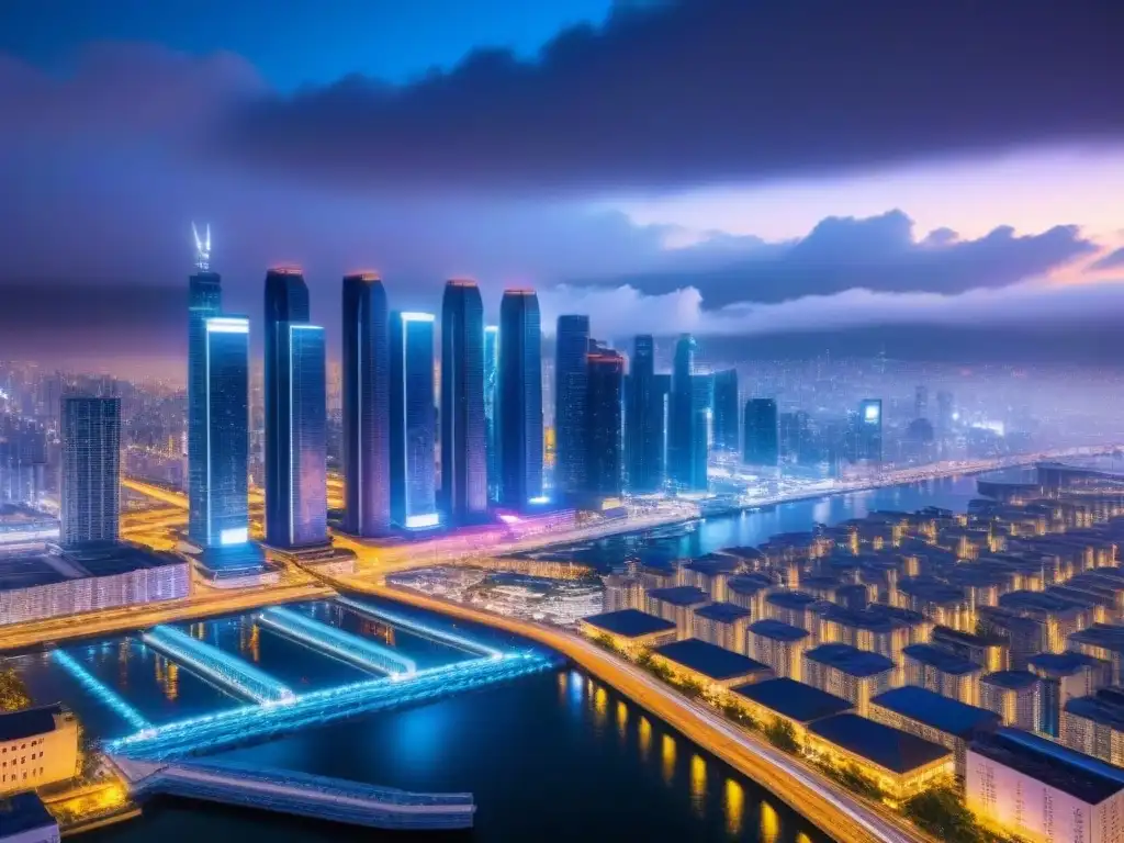 Vista nocturna de una ciudad futurista con rascacielos iluminados y autos voladores, reflejando un ambiente tecnológico y innovador en Contratos inteligentes en finanzas inmobiliarias