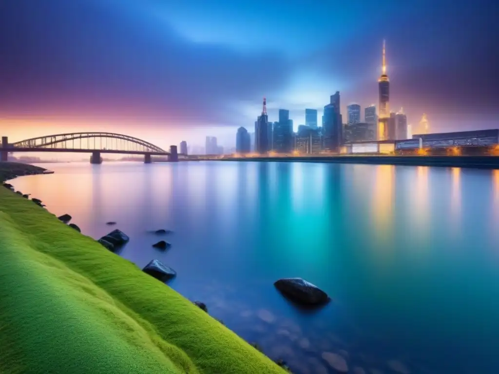 Horizonte urbano futurista al anochecer: renegociar hipoteca con éxito Vista nocturna de una ciudad futurista y moderna con rascacielos iluminados reflejados en un río, simbolizando esperanza y estabilidad al renegociar hipoteca en tiempos de crisis