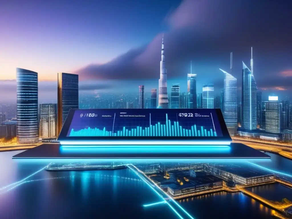 Interfaz digital futurista con datos financieros en ciudad nocturna Vista nocturna de ciudad con interfaz digital futurista mostrando datos financieros sobre normativa financiera préstamos inmobiliarios digital