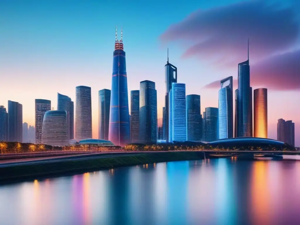 Espectacular skyline urbano al anochecer: innovación en real estate 2021 Vista nocturna de una ciudad moderna con rascacielos iluminados y reflejados en un río, simbolizando normativas inversión inmobiliaria 2021