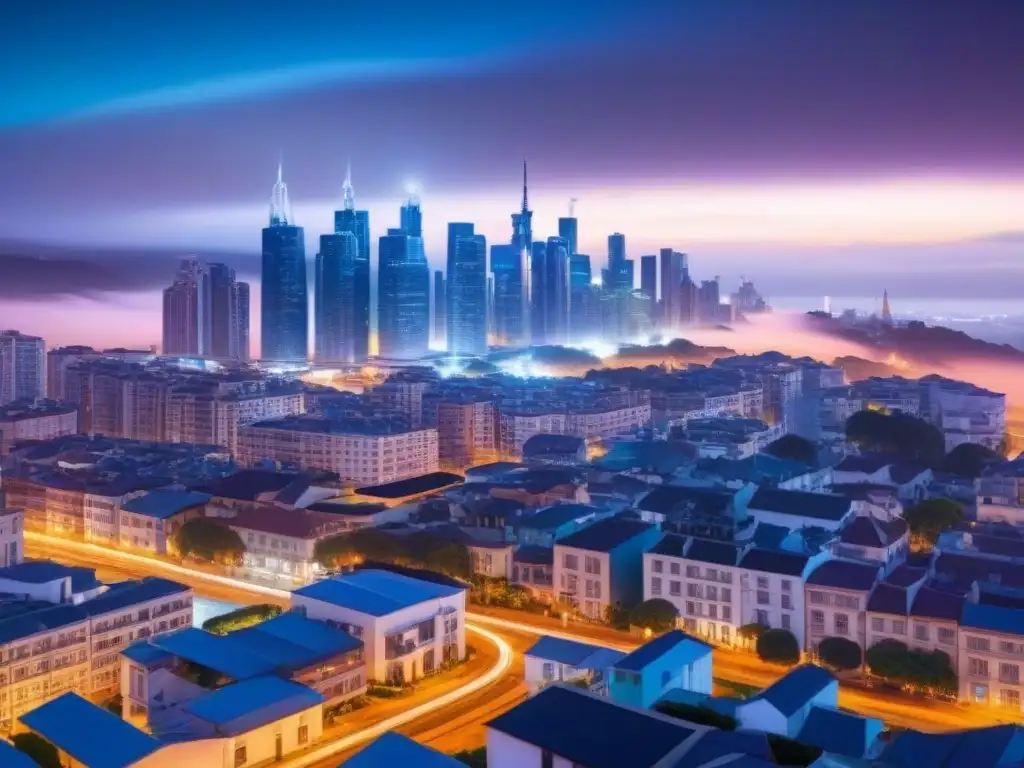 Skyline futurista: inteligencia artificial en valuación inmobiliaria Vista nocturna de ciudad moderna con líneas digitales representando la inteligencia artificial en valoración inmobiliaria