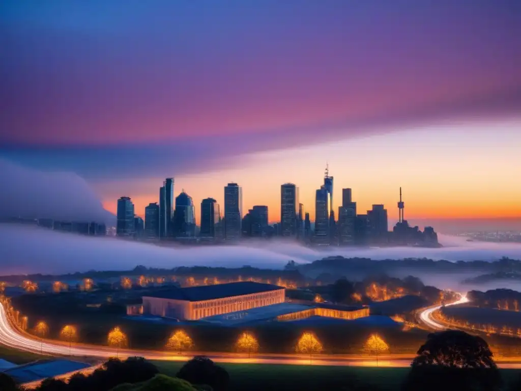 Horizonte urbano sostenible al anochecer Vista nocturna de una ciudad moderna y sostenible con edificios iluminados, mostrando eficiencia energética en préstamos inmobiliarios