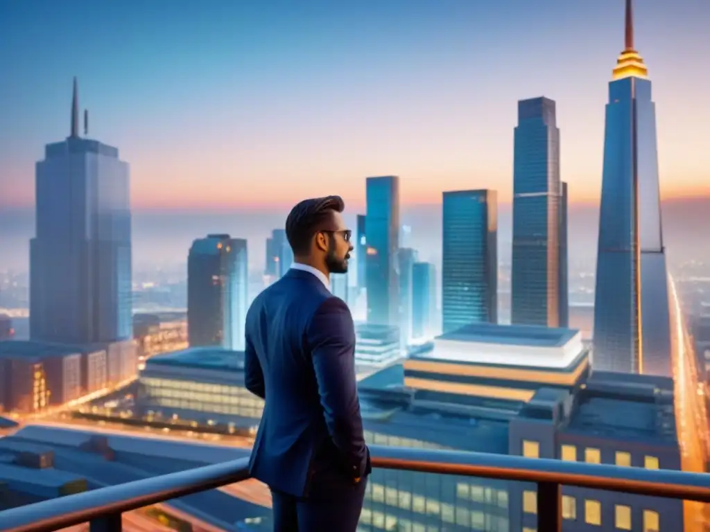 Horizonte urbano moderno al atardecer: luces, negocios y prosperidad Vista nocturna de una ciudad moderna con rascacielos iluminados y profesionales en la calle