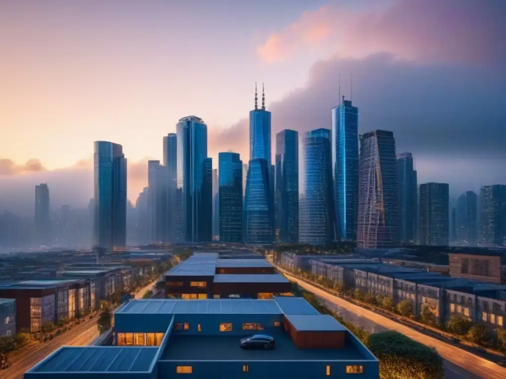 Skyline urbano en 8k: vida vibrante y arquitectura moderna al anochecer Vista nocturna de ciudad moderna con rascacielos iluminados, calles llenas de actividad y edificios residenciales y comerciales