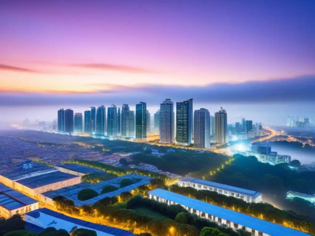 Vista nocturna de una ciudad moderna con impacto en precios inmobiliarios