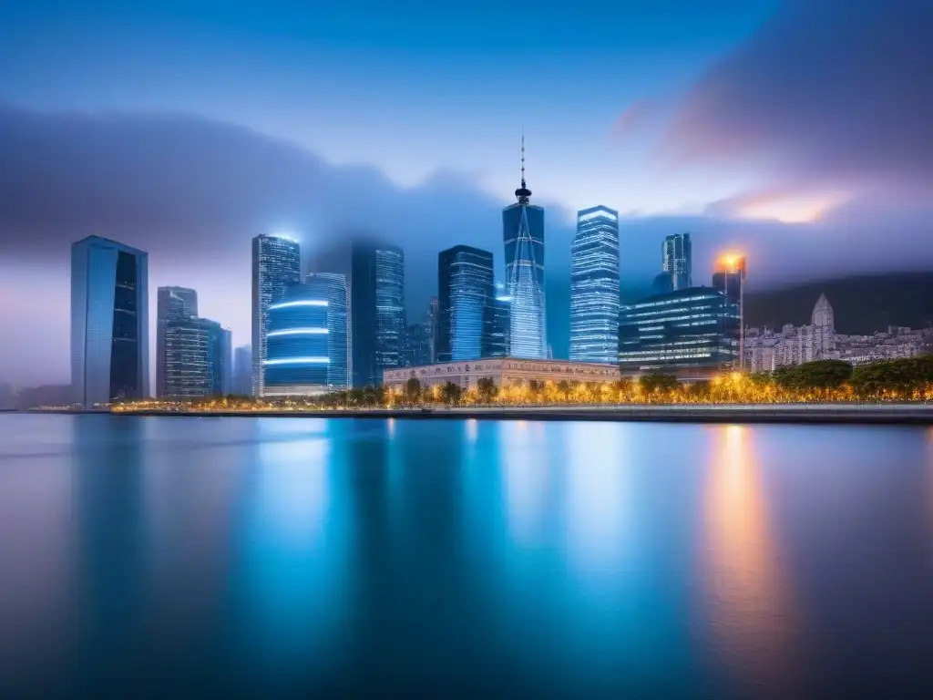 Horizonte urbano al anochecer: oportunidades de inversión en bienes raíces Vista nocturna de una ciudad moderna con rascacielos iluminados y un río tranquilo, ideal para inversores en regulaciones financiamiento inmobiliario