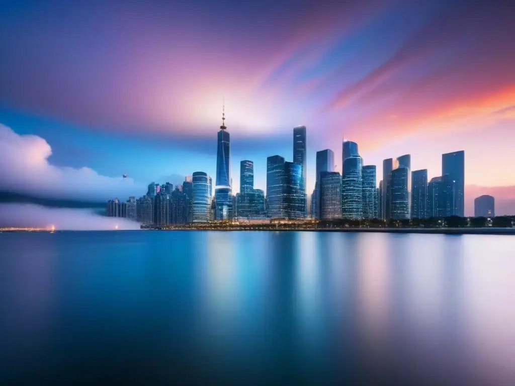 Horizonte urbano en crecimiento: rascacielos modernos iluminados Vista nocturna de ciudad moderna con inversión inmobiliaria bajo nuevo marco