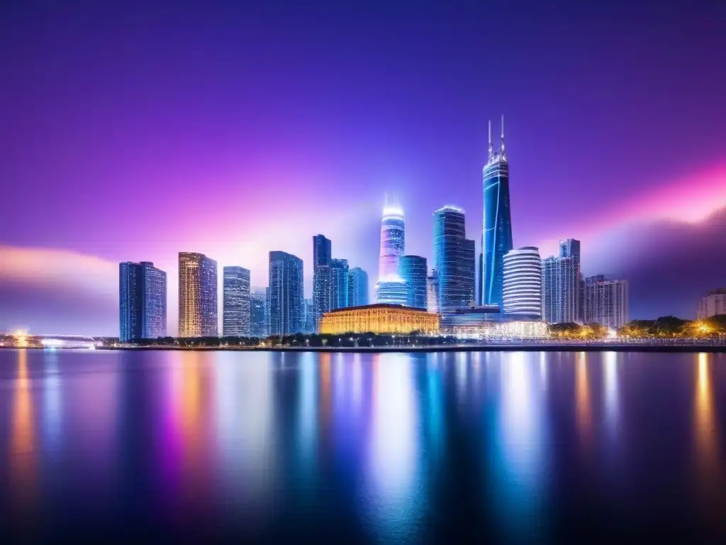 Horizonte urbano de cristal: oportunidades de inversión inmobiliaria al atardecer Vista nocturna de una ciudad moderna y elegante, con rascacielos de cristal iluminados y reflejados en el agua