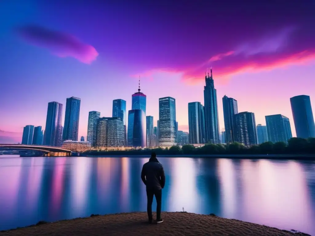 Horizonte urbano futurista al atardecer: luces coloridas y río sereno Vista nocturna de la ciudad con rascacielos iluminados y un río tranquilo, ideal para financiamiento para invertir en inmuebles