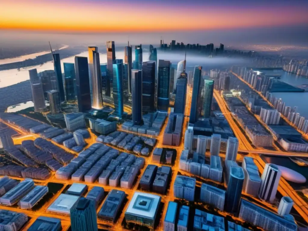 Metrópolis moderna al anochecer: luces, rascacielos y poder Vista nocturna de la ciudad con rascacielos modernos y la interacción entre políticas gubernamentales y mercados inmobiliarios internacionales