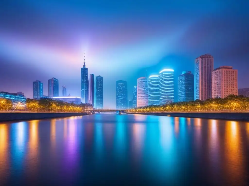 Ciudad sostenible: luces y armonía urbana al anochecer Vista nocturna de la ciudad vibrante, reflejando rascacielos iluminados y espacios verdes, simbolizando desarrollo urbano sostenible ciudades vivibles