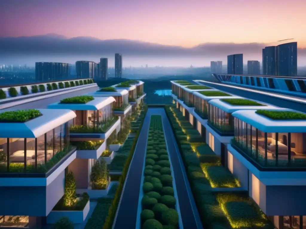 Complejo residencial futurista en 8k: tecnología y sostenibilidad Vista nocturna de complejo residencial futurista con diseño innovador y tecnología avanzada