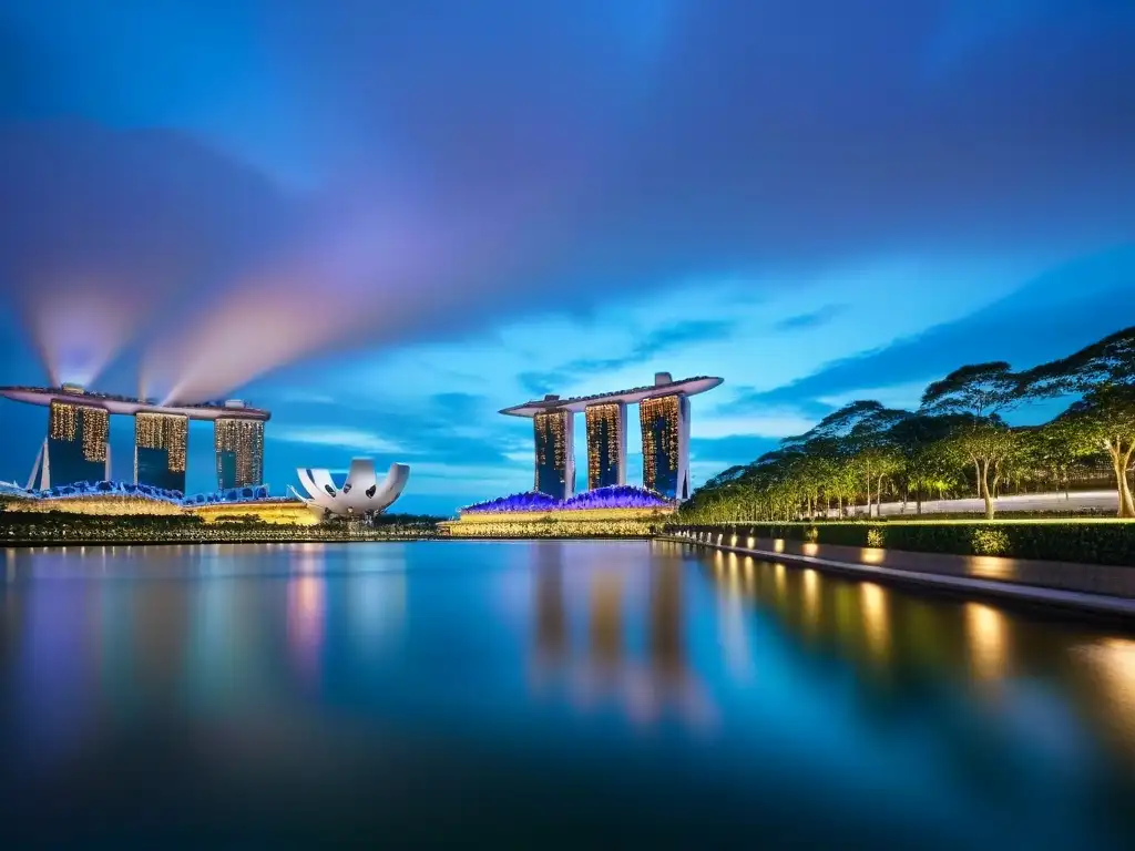 Horizonte de Singapur: Marina Bay y Supertrees al atardecer 'Vista nocturna de Singapur con emblemático Marina Bay Sands y Gardens by the Bay iluminados, reflejando luces de la ciudad en Marina Bay