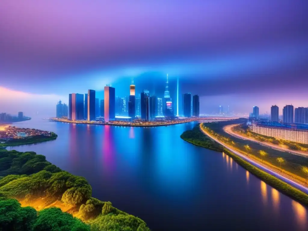 Cityscape futurista: rascacielos iluminados con luces neón en la noche Vista nocturna futurista de la ciudad con rascacielos iluminados por luces neón, reflejándose en el río