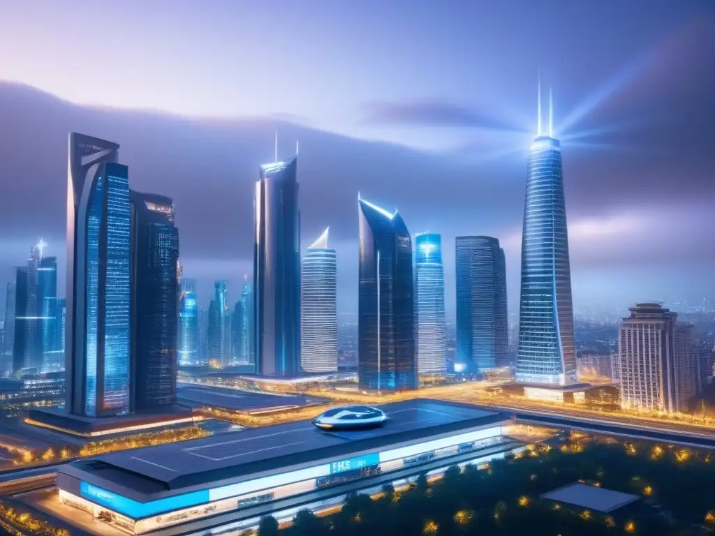Metrópolis futurista: innovación en finanzas inmobiliarias Vista nocturna futurista de la ciudad con rascacielos iluminados y vehículos avanzados