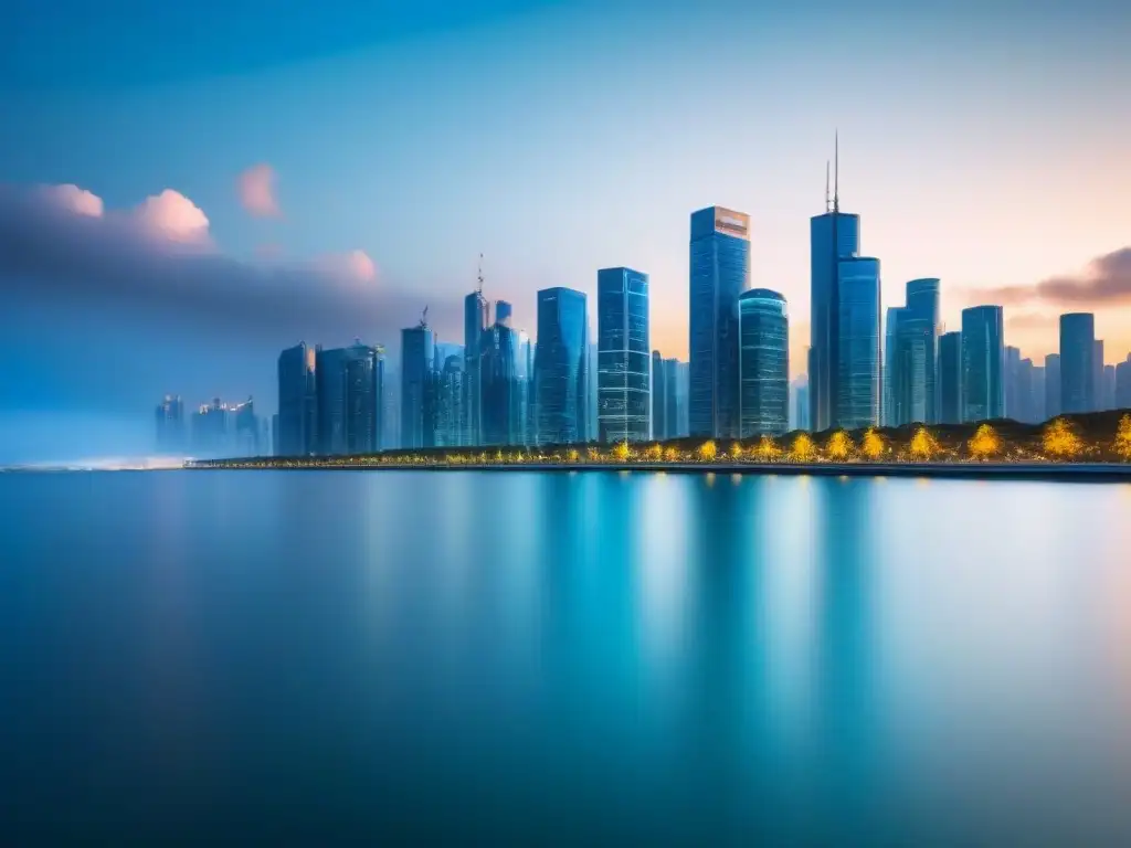 Metrópolis futurista: inteligencia artificial en finanzas inmobiliarias Vista nocturna futurista de una ciudad con rascacielos iluminados reflejados en un cuerpo de agua sereno, integrando la Inteligencia Artificial inversores inmobiliarios