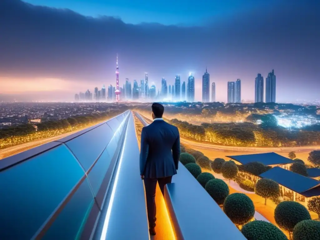 Metrópolis futurista con IA integrada en edificios iluminados Vista nocturna futurista de la ciudad con rascacielos iluminados y tecnología AI integrada