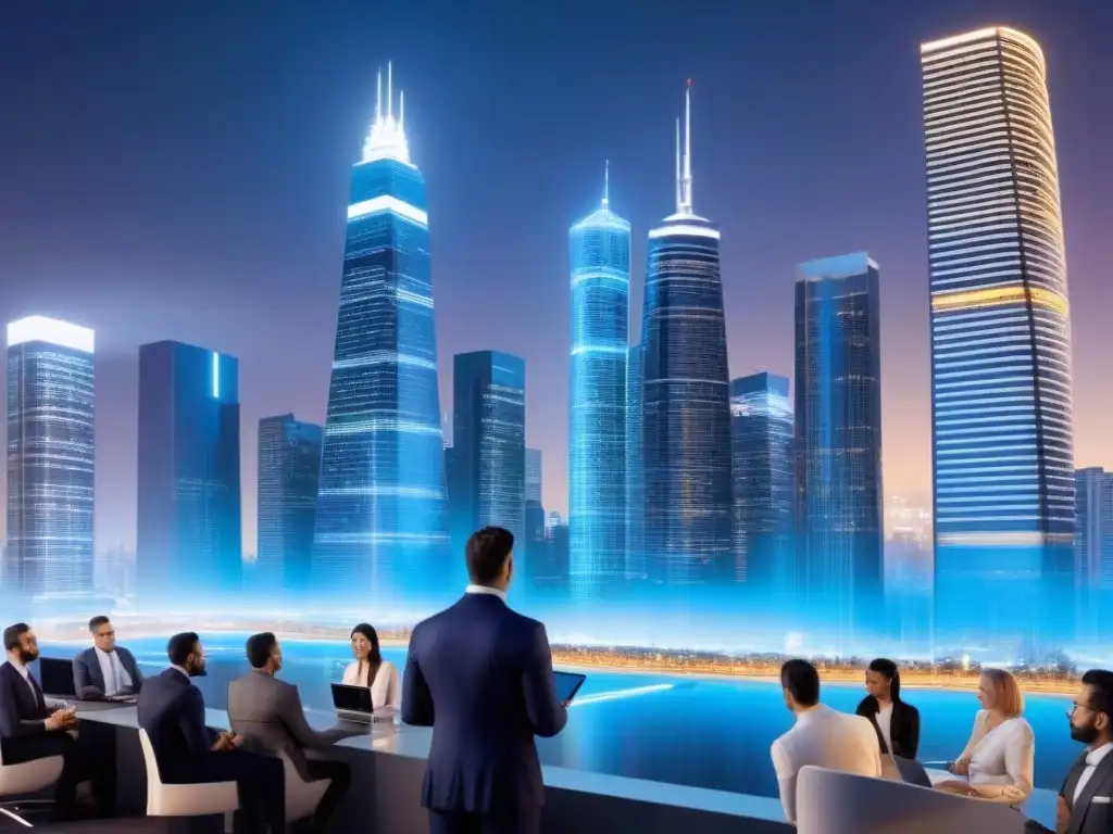 Vista nocturna futurista de la ciudad con rascacielos iluminados y profesionales discutiendo, simbolizando la innovación en Empresas Fintech financiamiento inmobiliario