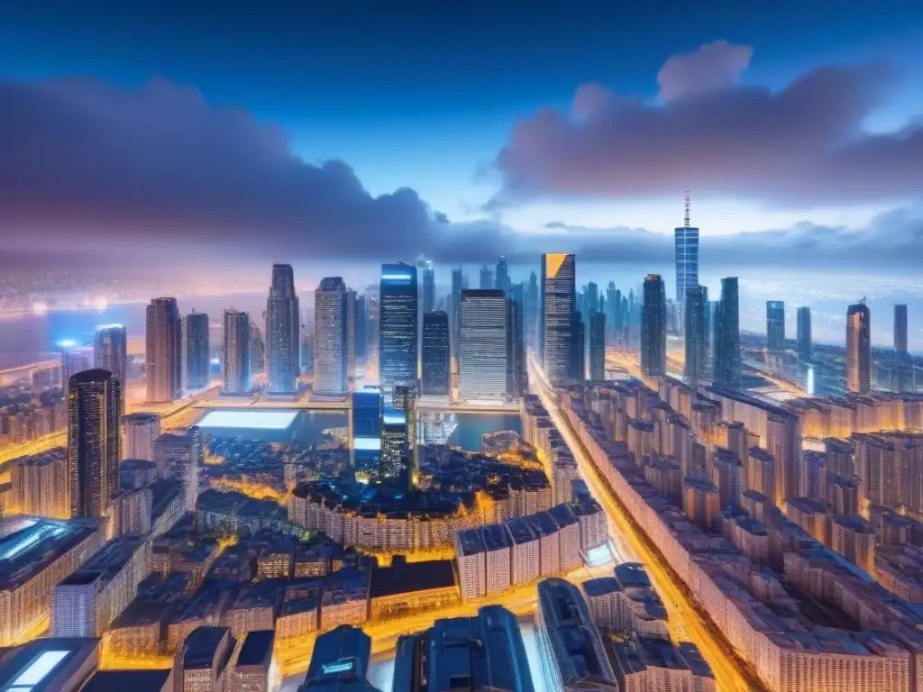 Vista nocturna futurista de la ciudad con rascacielos iluminados y analítica de datos en marketing inmobiliario