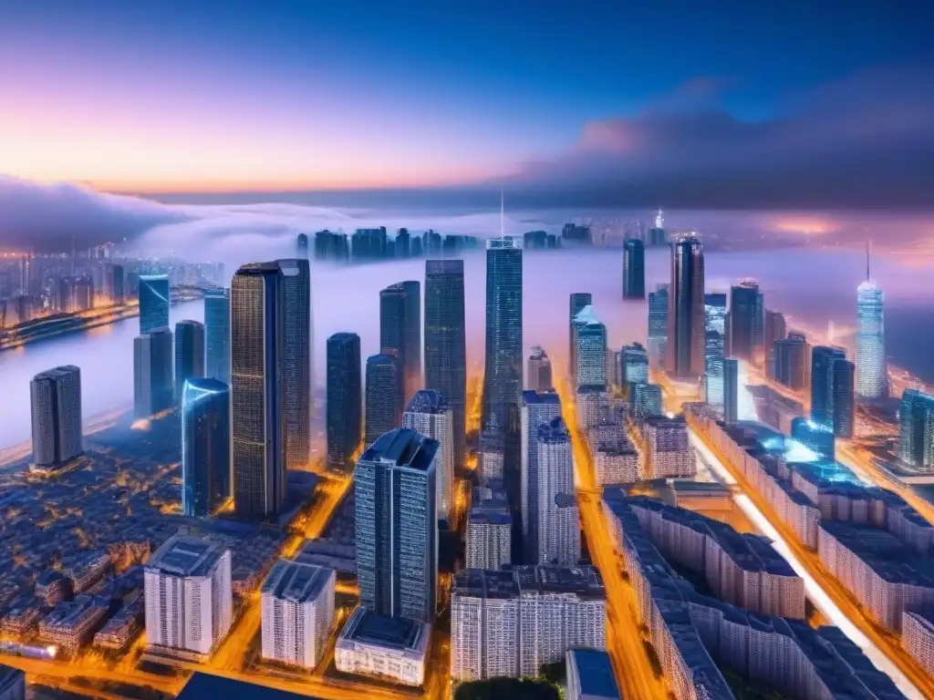 Metrópolis futurista: inversión inmobiliaria con blockchain Vista nocturna futurista de una ciudad con patrones digitales de blockchain en la inversión inmobiliaria