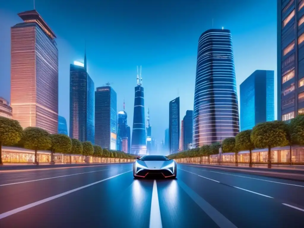 Metrópolis futurista: tecnología y arquitectura innovadora Vista nocturna futurista de la ciudad con rascacielos tecnológicos y carros voladores