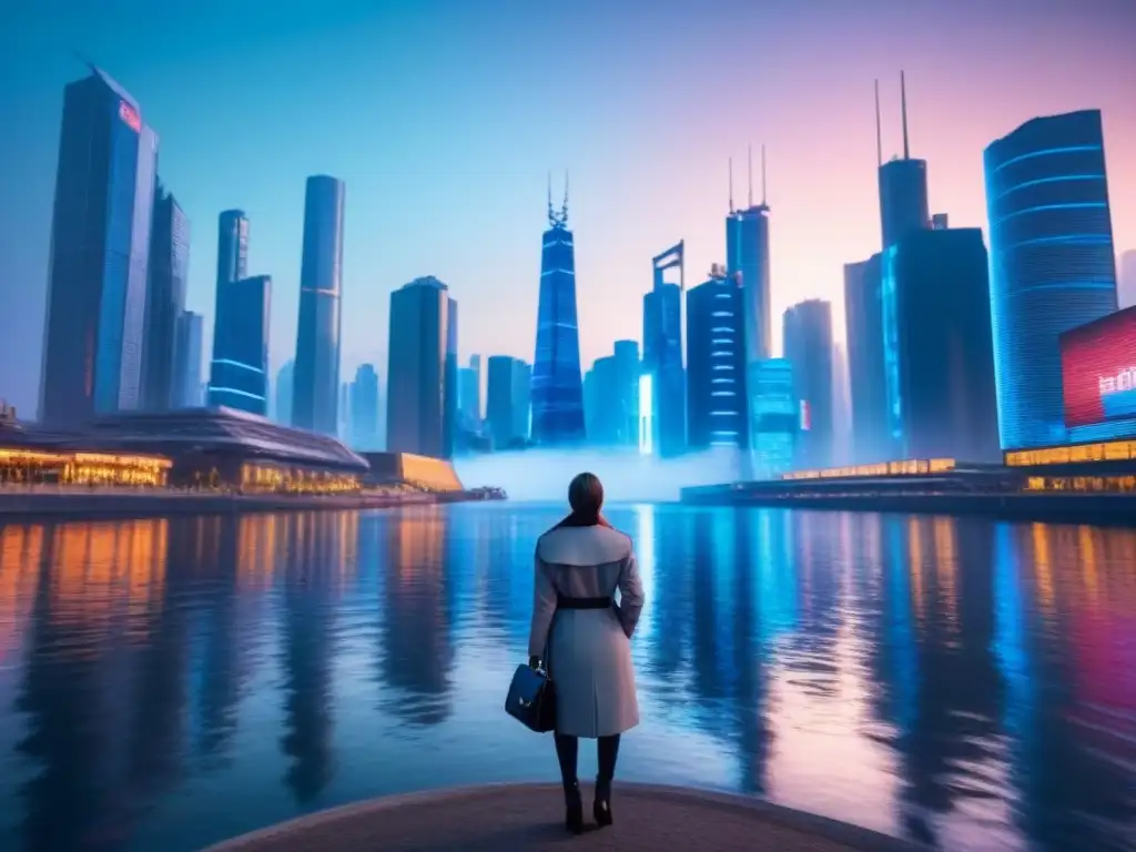 Futurista ciudad nocturna: rascacielos iluminados con luces neón Vista nocturna futurista de la ciudad con rascacielos iluminados por luces neón, reflejados en un río tranquilo