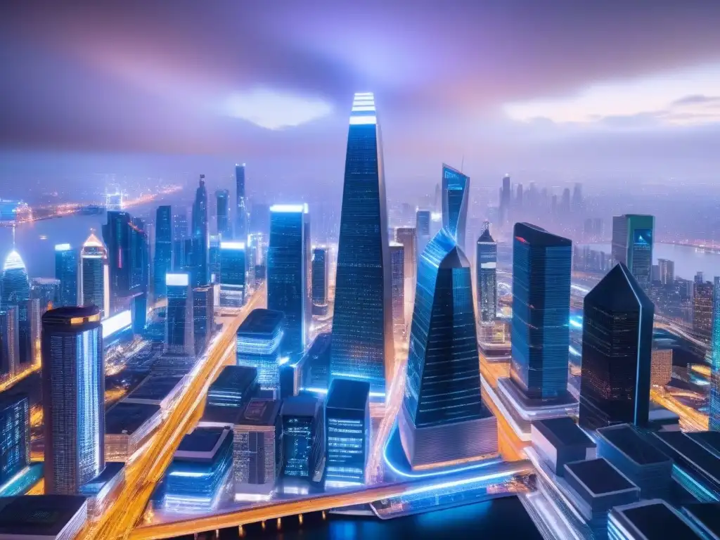 Metrópolis futurista: innovación y seguridad en finanzas inmobiliarias Vista nocturna futurista de ciudad con riesgos seguridad APIs financiamiento inmobiliario