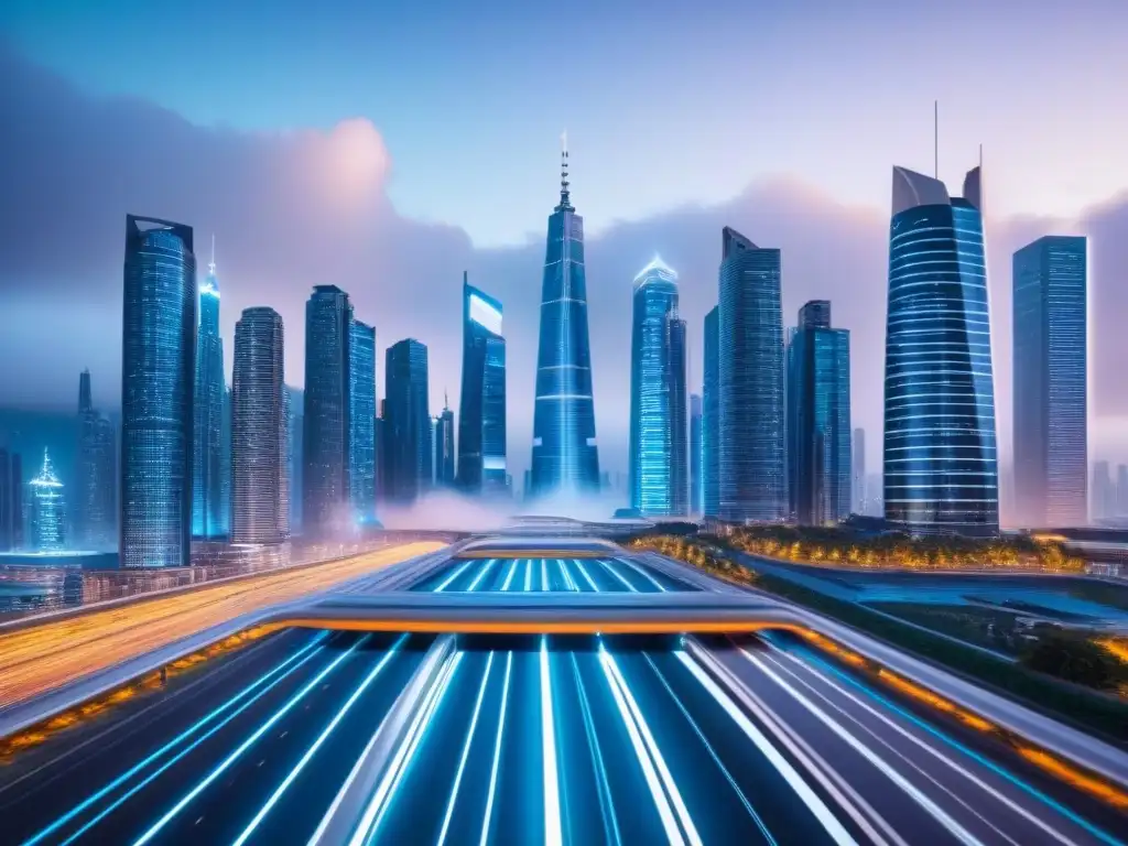 Metrópolis futurista: contratos inteligentes revolucionan transacciones inmobiliarias Vista nocturna futurista de una ciudad con rascacielos iluminados y coches voladores, proyectando datos inmobiliarios y transacciones con contratos inteligentes en transacciones inmobiliarias