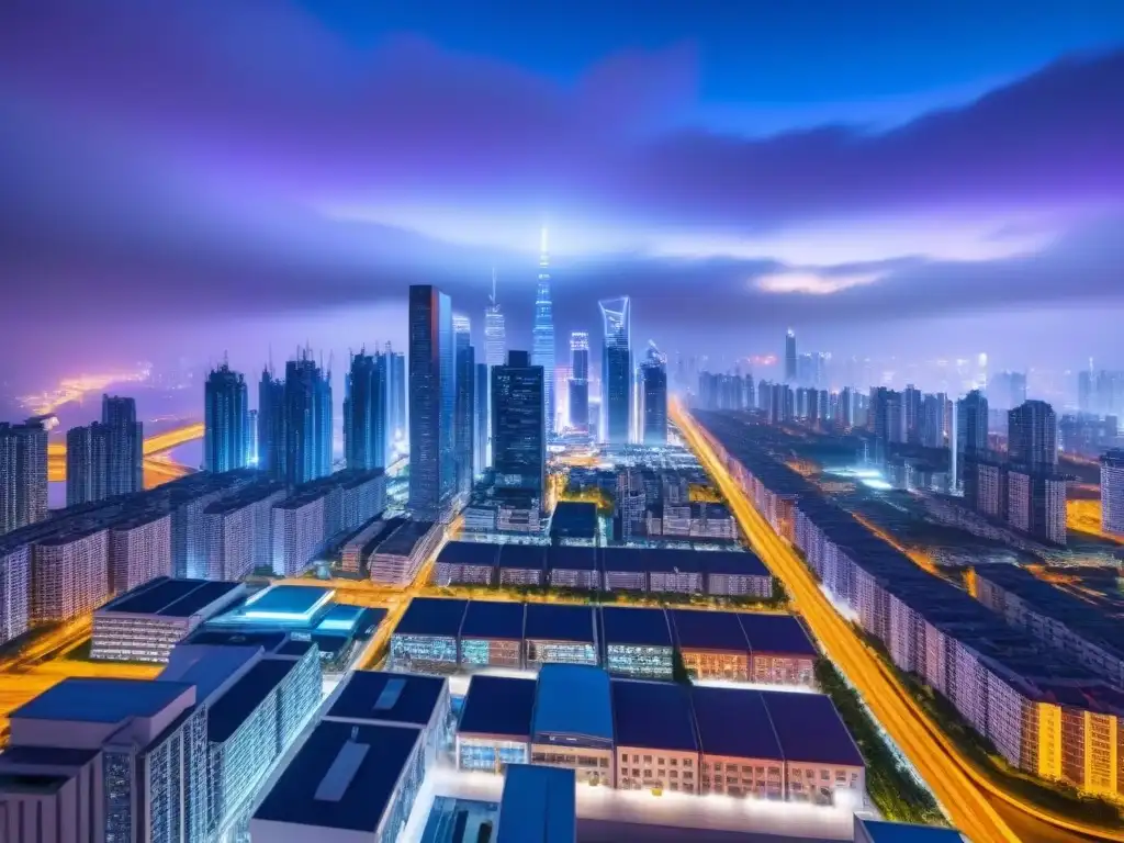 Innovación tecnológica en real estate: ciudad futurista de noche Vista nocturna futurista de una ciudad con rascacielos iluminados por luces de neón y tecnología en financiamiento inmobiliario