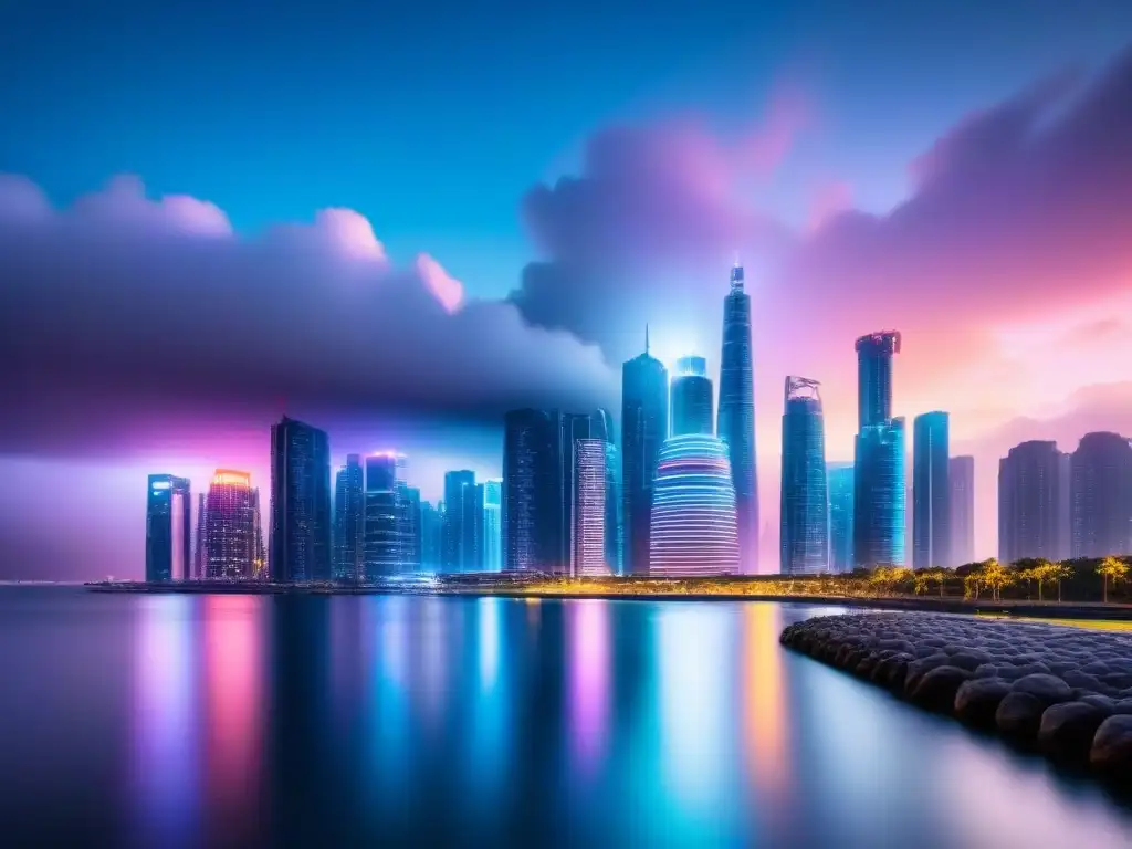 Skyline futurista nocturno: luces neón y prosperidad financiera Una vista nocturna impresionante de una ciudad futurista con rascacielos iluminados por luces neón, reflejándose en el río