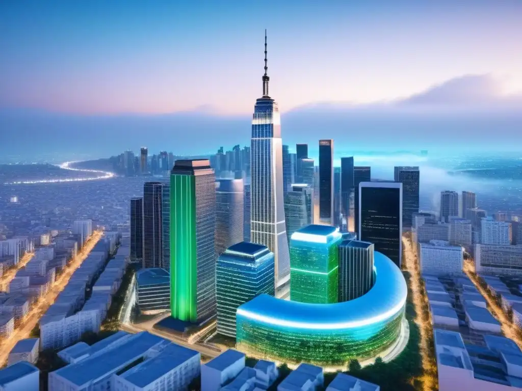Futuro digital: Algoritmos de encriptación y privacidad en la ciudad Vista nocturna de interfaz digital futurista sobre ciudad, con algoritmos de encriptación y Políticas privacidad financiamiento inmobiliario online