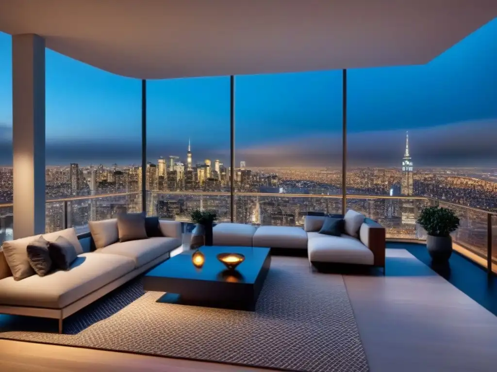 Penthouse de lujo con vista nocturna a la ciudad Vista nocturna de un lujoso ático moderno con vista a la ciudad y diseño elegante