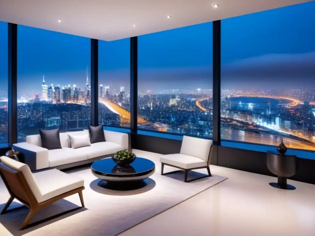 Penthouse de lujo: diseño moderno con vista nocturna a la ciudad Vista nocturna de lujoso ático moderno con ventanales y mobiliario elegante