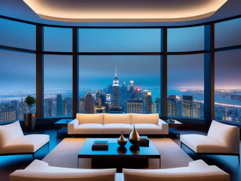 Penthouse de lujo con vistas nocturnas a la ciudad Vista nocturna de un lujoso ático moderno con diseño elegante y contemporáneo, ideal para el marketing de propiedades de lujo