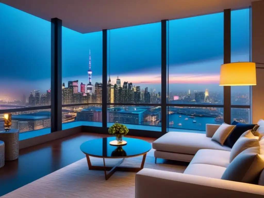 Penthouse de lujo con vista nocturna de la ciudad Vista nocturna de un lujoso ático moderno con mobiliario contemporáneo y arte, creando ambiente cálido y sofisticado