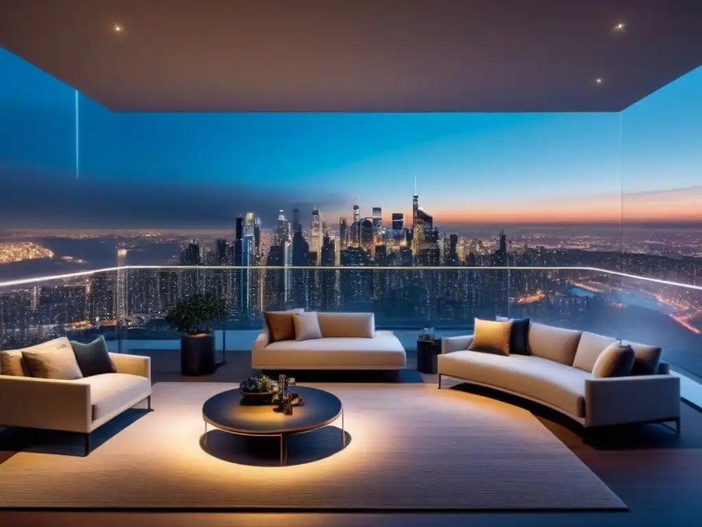 Vista nocturna de un lujoso ático con decoración elegante y vistas a la ciudad