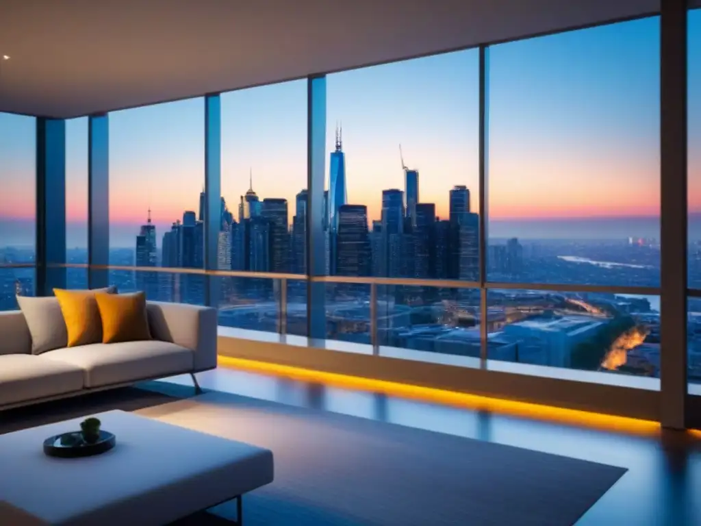 Espléndido rascacielos urbano con vista panorámica nocturna Vista nocturna de un lujoso edificio de apartamentos con ventanales de piso a techo que muestran el deslumbrante horizonte de la ciudad al anochecer