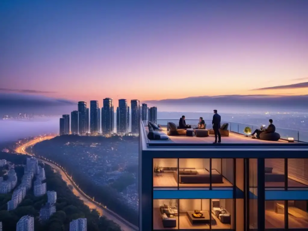 Residencial de lujo al atardecer: exclusividad urbana Vista nocturna de lujoso edificio residencial con ventanales y luces urbanas, mostrando sofisticación y diseño contemporáneo