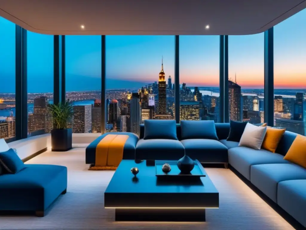 Penthouse de lujo con vista nocturna a la ciudad Vista nocturna de penthouse moderno con ventanas de piso a techo y diseño elegante, ideal para SEO para inmobiliarias de lujo