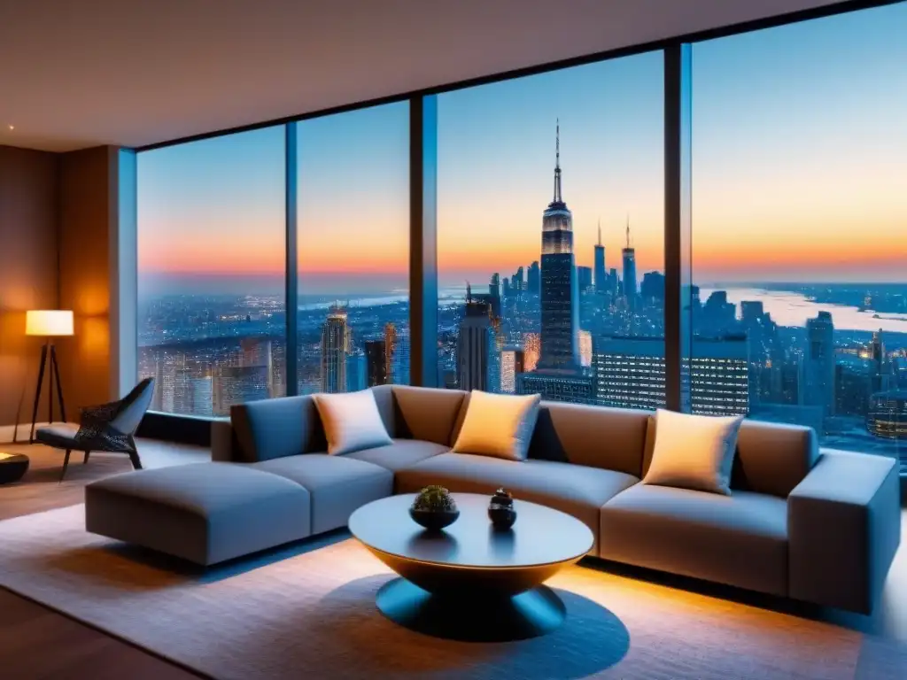 Penthouse de lujo con vista nocturna de la ciudad Vista nocturna de salón lujoso en penthouse moderno con diseño contemporáneo y ventanales panorámicos