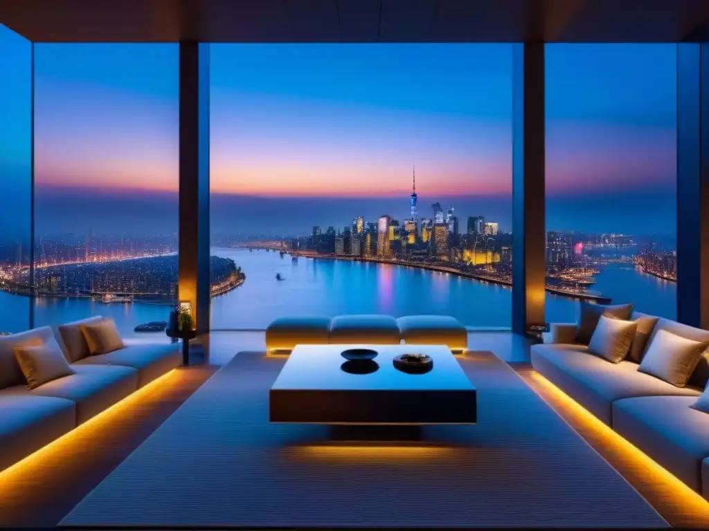 Espectacular Penthouse de Lujo con Vistas Nocturnas a la Ciudad Vista nocturna de penthouse moderno y lujoso con vistas a la ciudad