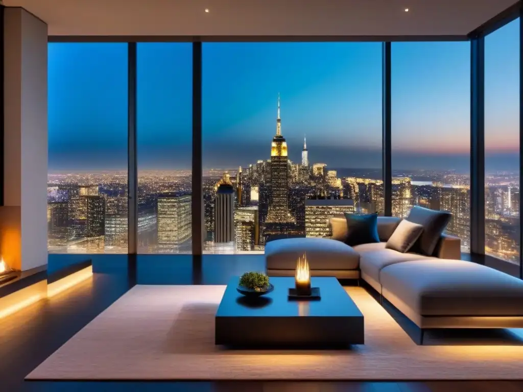 Suntuoso salón moderno con vista a la ciudad de noche Vista nocturna de sala lujo moderna con ventanales piso a techo y ciudad iluminada