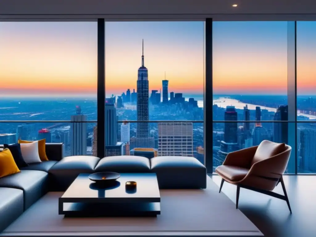 Suntuosa propiedad de lujo en ciudad vibrante al atardecer Vista panorámica al atardecer de una lujosa propiedad moderna con ventanales de piso a techo, mobiliario minimalista y acabados de alta gama