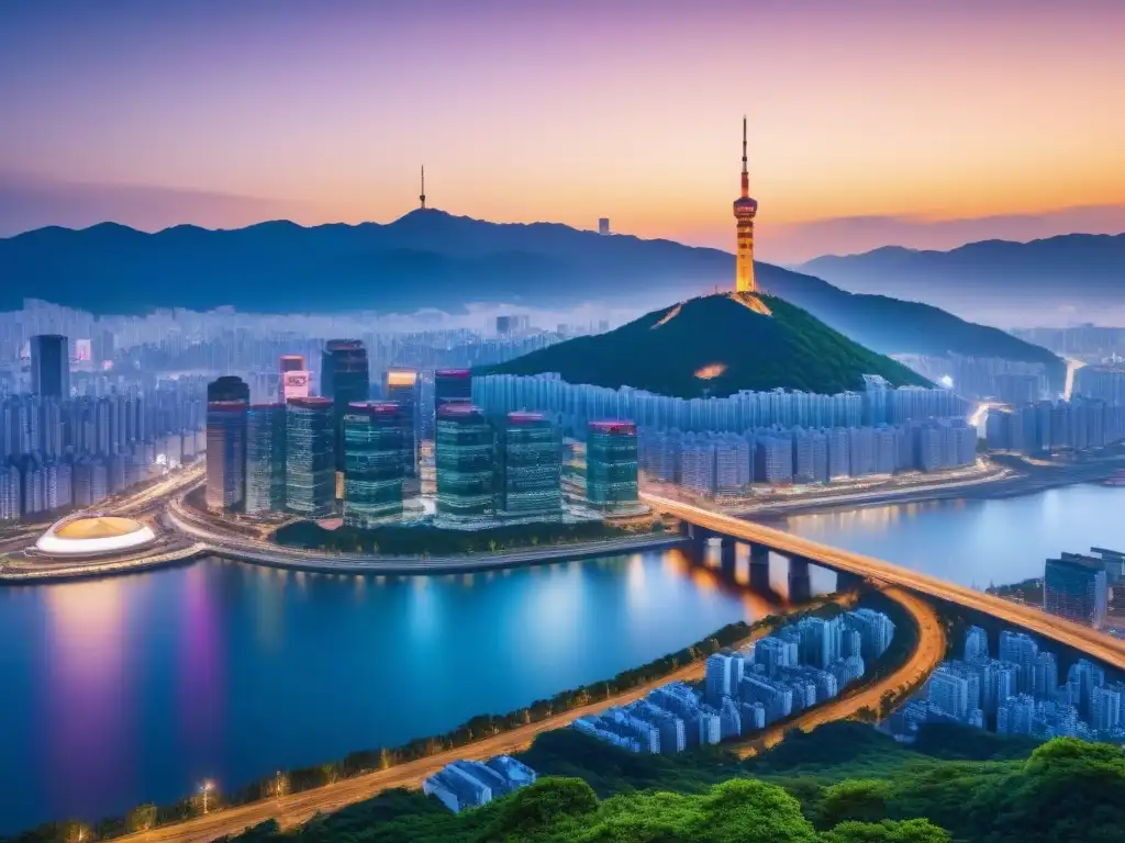 Horizonte de Seúl al atardecer: arquitectura futurista y montañas Vista panorámica de Seúl al atardecer con rascacielos iluminados por el sol