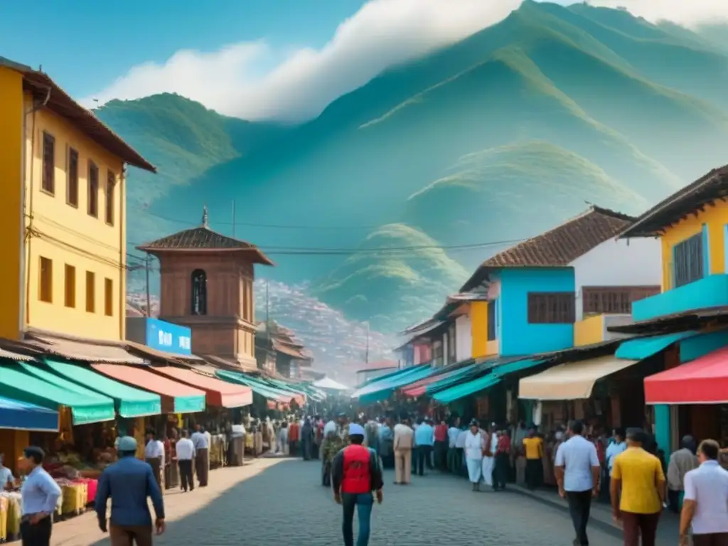 Cityscape colombiano: modernidad y tradición en armonía Vista panorámica de una bulliciosa ciudad colombiana con rascacielos modernos y edificios tradicionales coloridos, rodeada de montañas verdes bajo un cielo azul