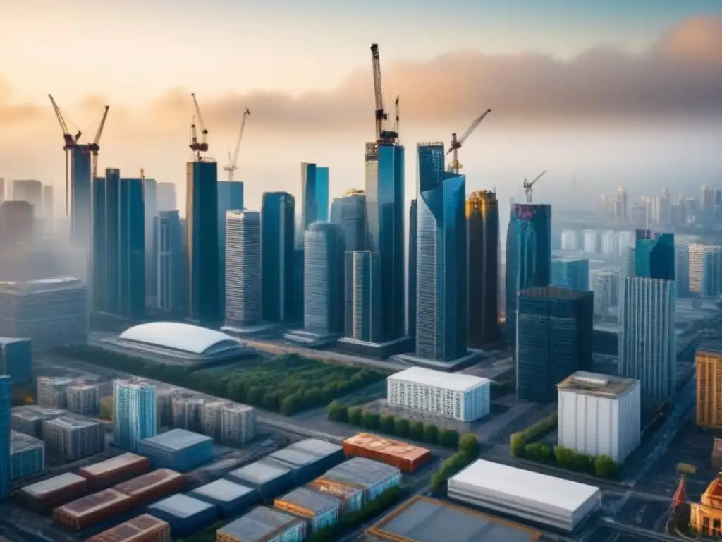 Metrópolis moderna: skyline vibrante y negocios en crecimiento Vista panorámica de una bulliciosa ciudad con rascacielos, profesionales discutiendo y grúas