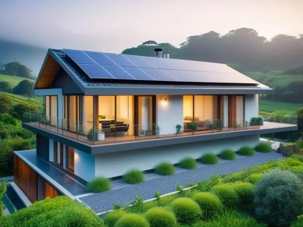 Vista panorámica de una casa ecológica moderna con paneles solares y jardín, ideal para financiamiento renovaciones ecoamigables