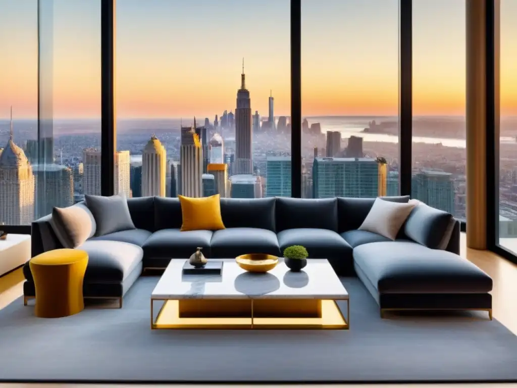 Sofisticada sala de estar con vista panorámica al atardecer Vista panorámica de la ciudad al atardecer desde un lujoso salón moderno con sofá gris y mesa de café de mármol